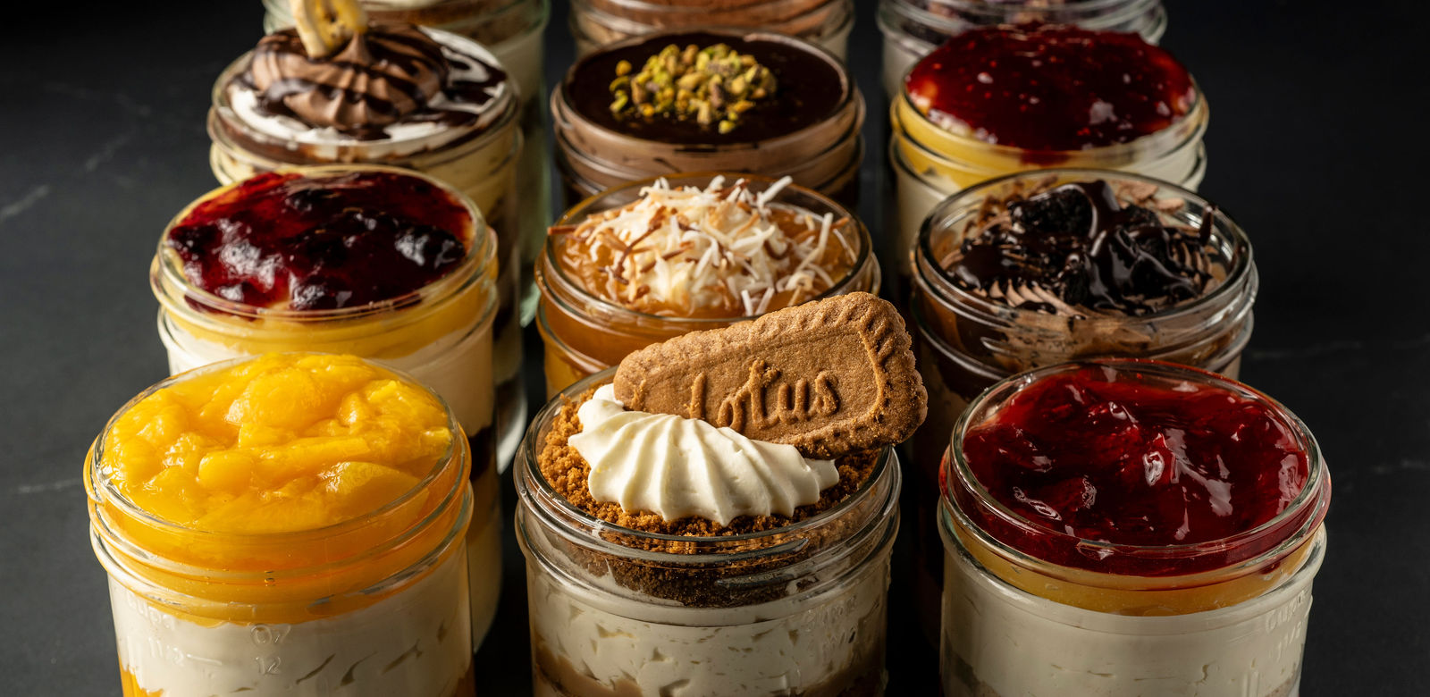 Assorted dessert jars from Smoky Rock BBQ in-house bakery