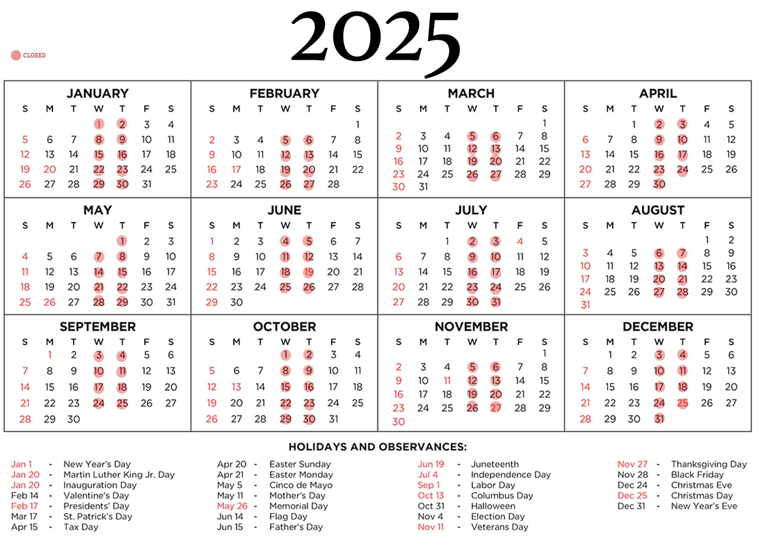 2025 Smoky Rock BBQ calendar of hours